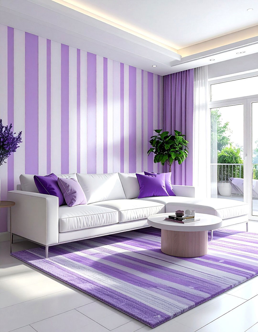Lavender and white stripes - 30 purple and white living room ideas