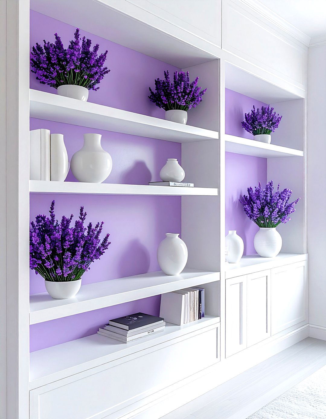 Lavender built in shelving - 30 lavender and white living room ideas