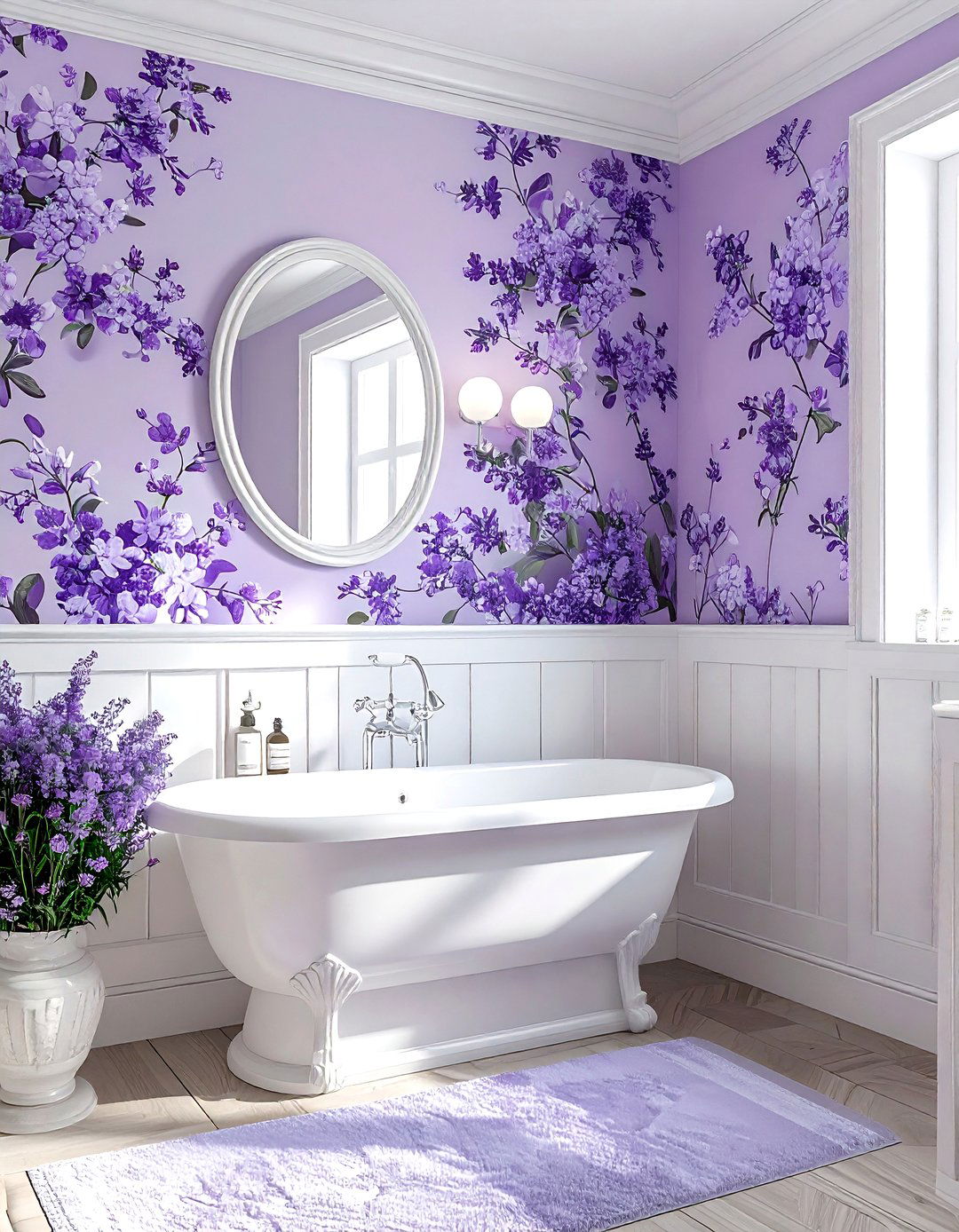 Lavender floral wallpaper - 30 lavender and white bathroom ideas