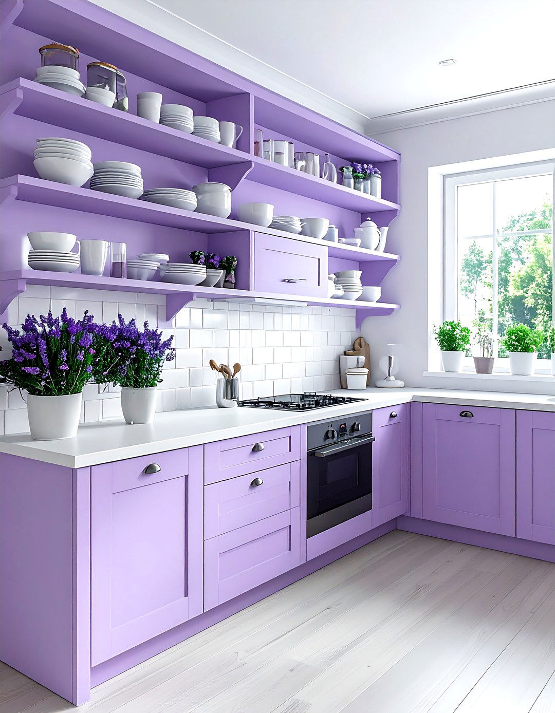 Lavender kitchen shelving white dishes - 30 lavender and white kitchen ideas
