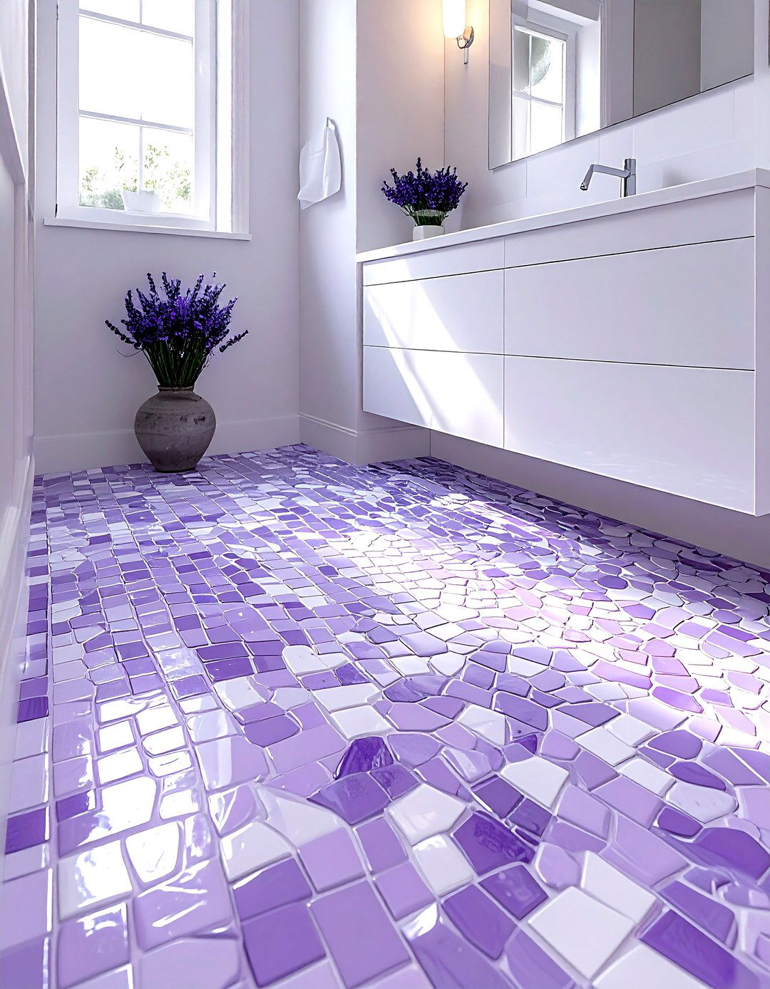Lavender mosaic tile floor - 30 lavender and white bathroom ideas