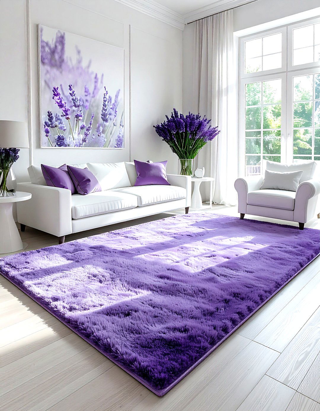 Lavender rug white furniture - 30 lavender and white living room ideas