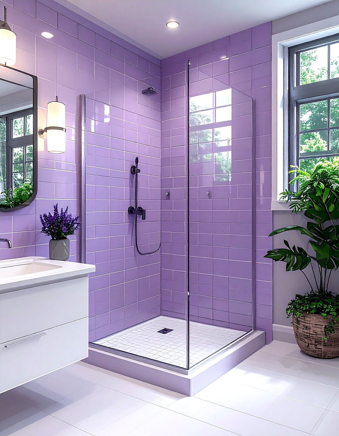 Lavender subway tile shower - 30 lavender and white bathroom ideas
