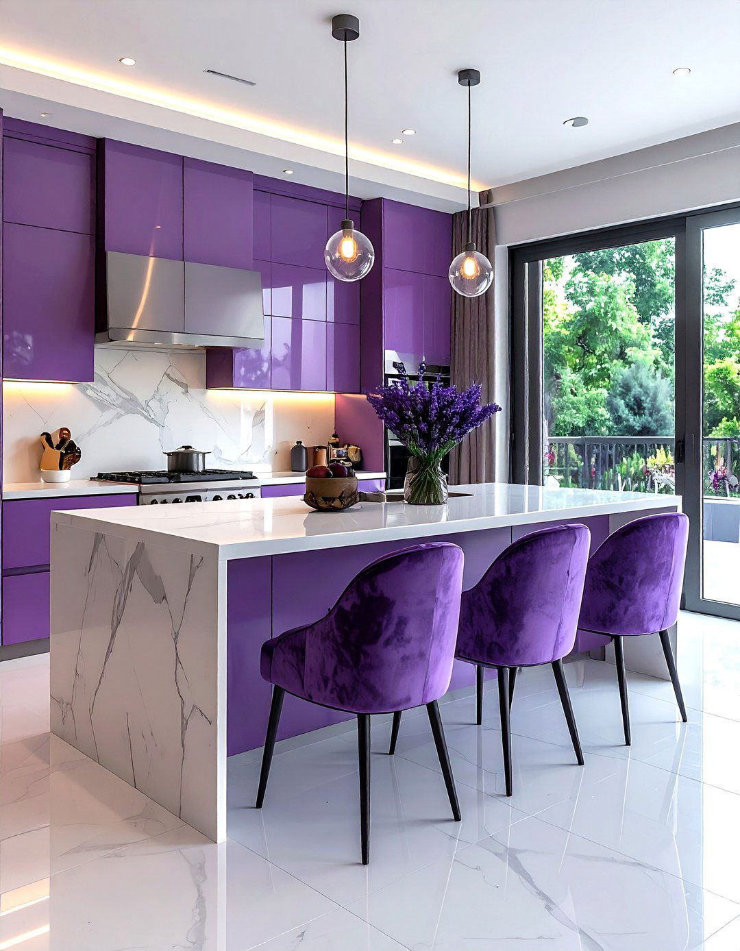 Lavender velvet seating for contemporary kitchen - 30 velvet kitchen ideas