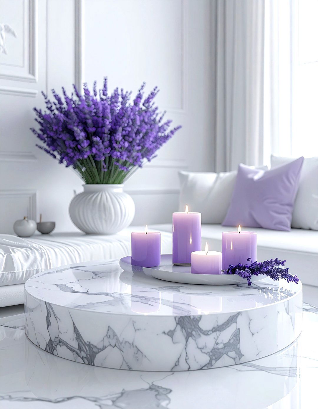 Lavender white marble decor - 30 lavender and white living room ideas