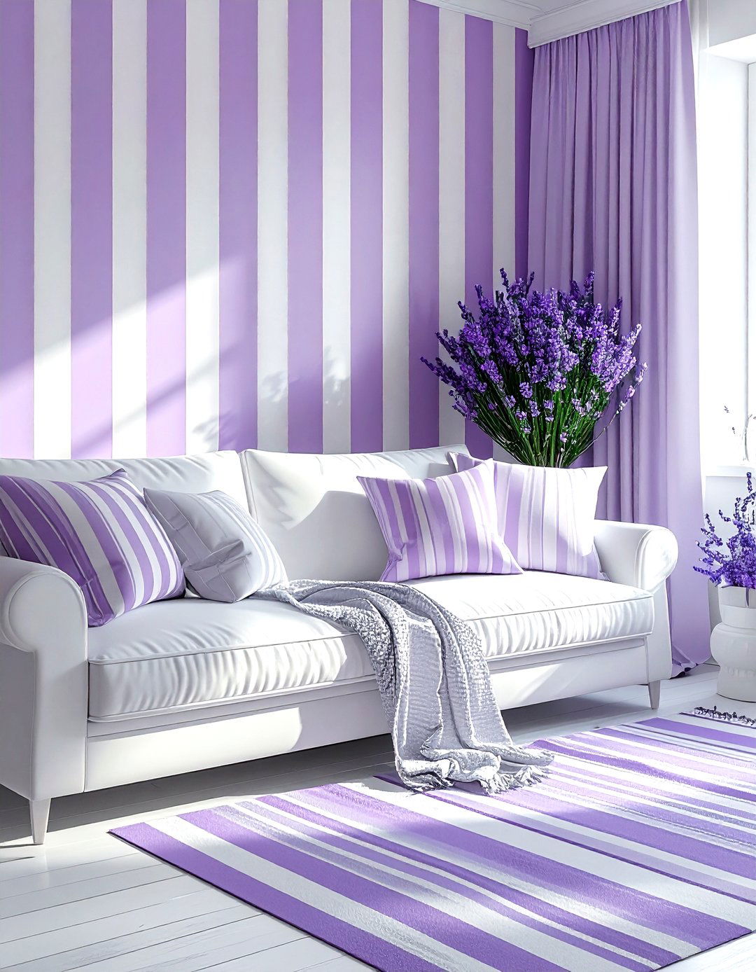 Lavender white striped decor - 30 lavender and white living room ideas