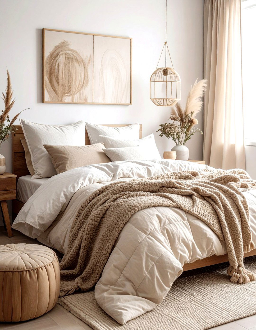 Layered Bedding Texture - 30 bohemian beige bedroom ideas