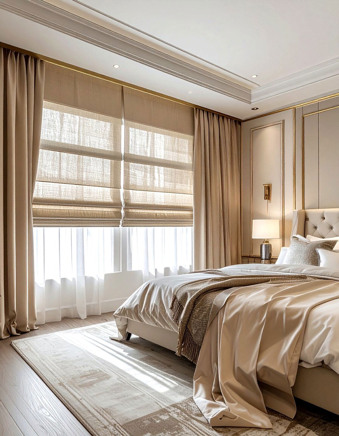 Layered Beige Window Treatments - 30 traditional beige bedroom ideas
