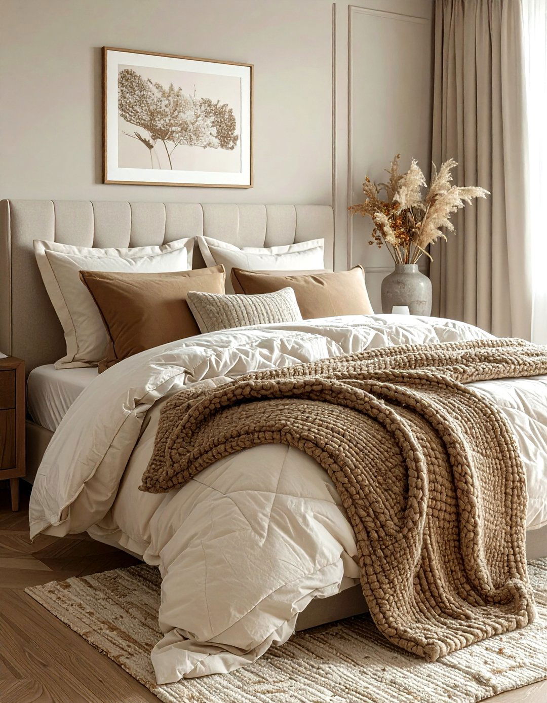 Layered Neutral Bedding Bedroom - 30 rustic beige bedroom ideas