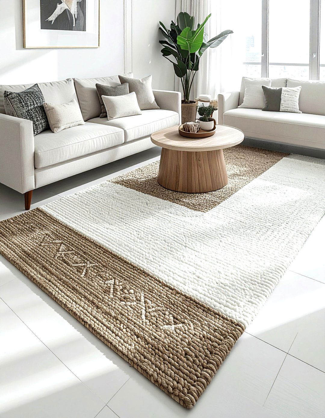 Layered Neutral Rugs - 30 taupe and white living room ideas