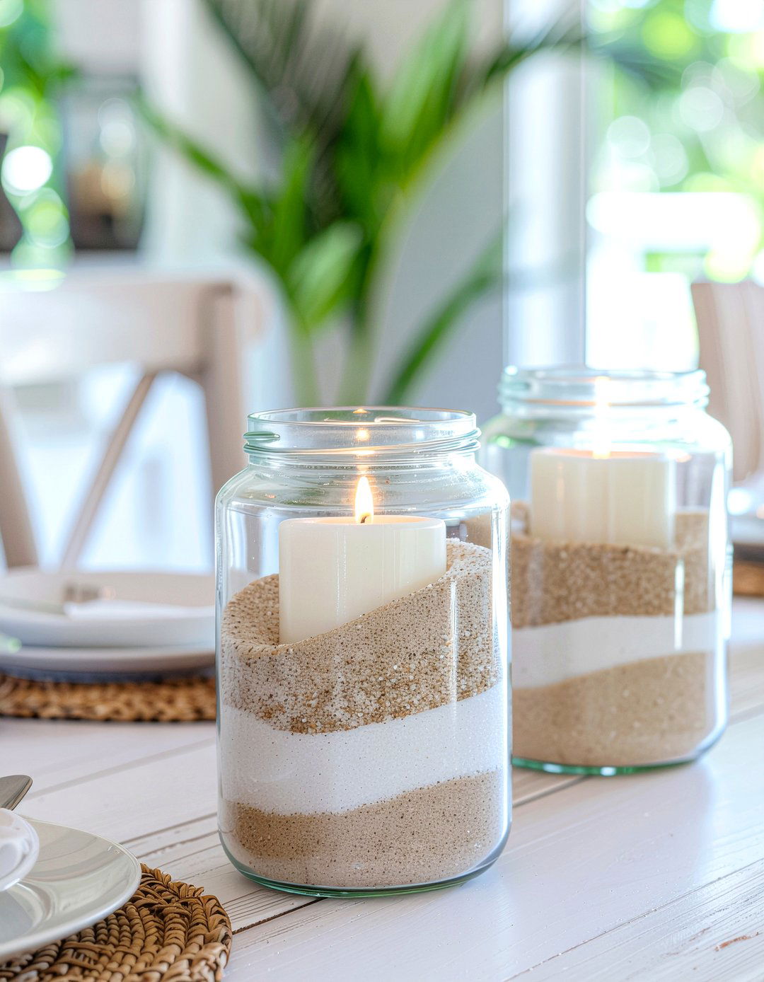 Layered Sand Candle Jar - 30 candle centerpiece dining ideas
