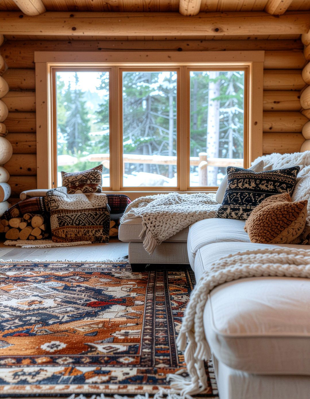 Layered Textile Decor - 30 lodge living room ideas
