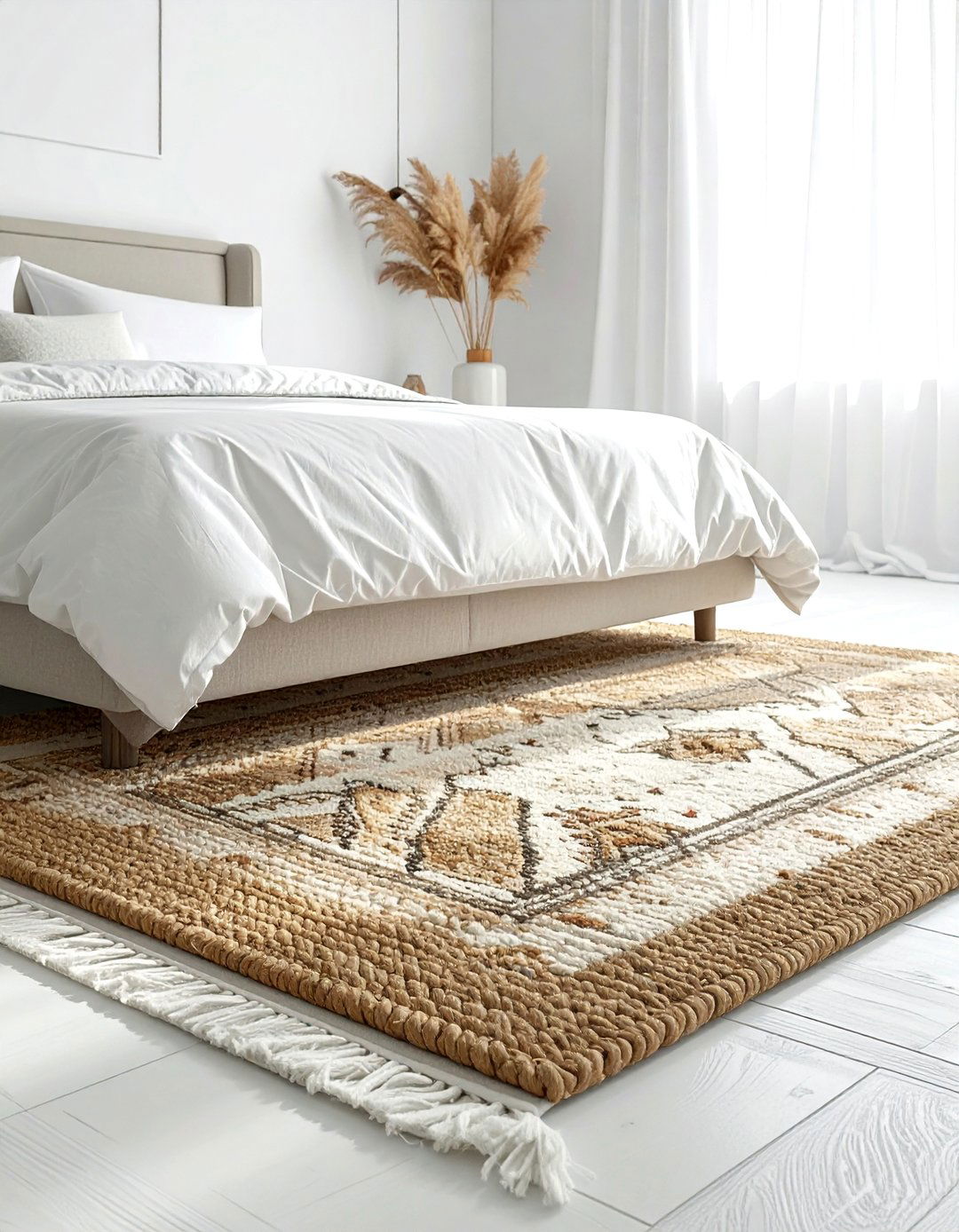 Layered area rug - 30 no drill bedroom ideas