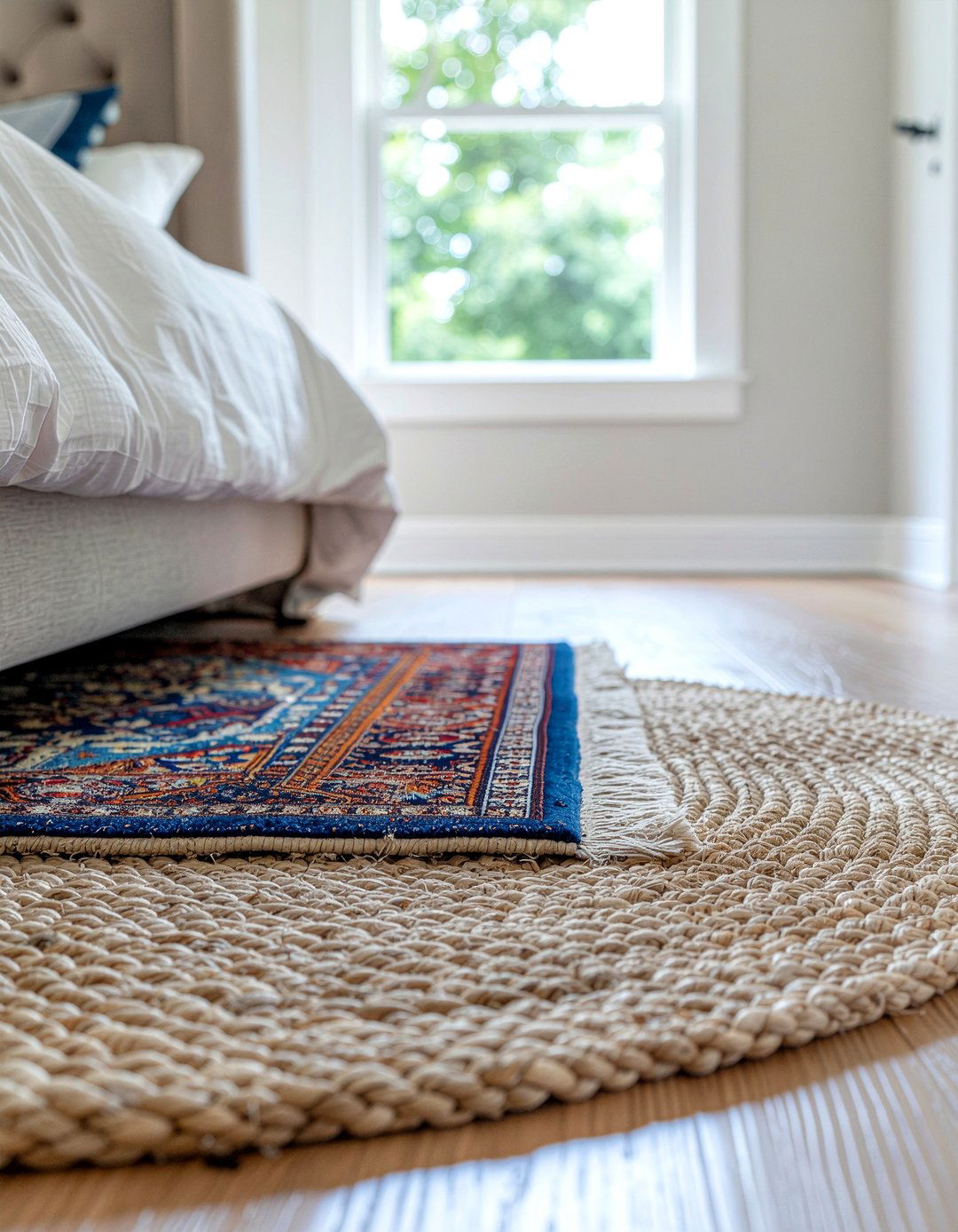 Layered area rugs - 30 rustic bedroom ideas