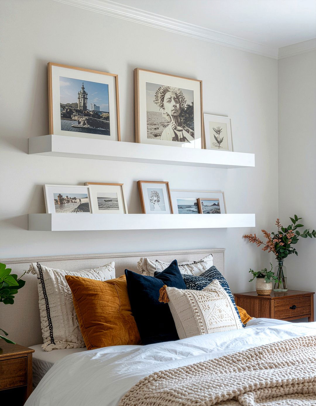 Layered art ledge wall - 30 bedroom ledge shelves