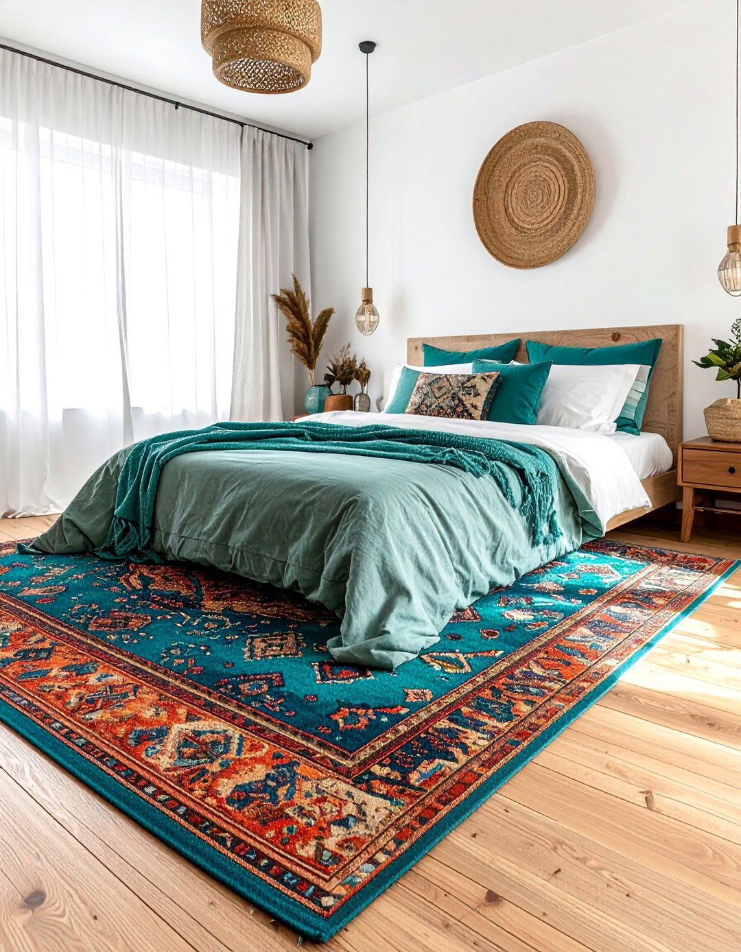 Layered bohemian rugs bedroom - 30 bohemian teal bedroom ideas