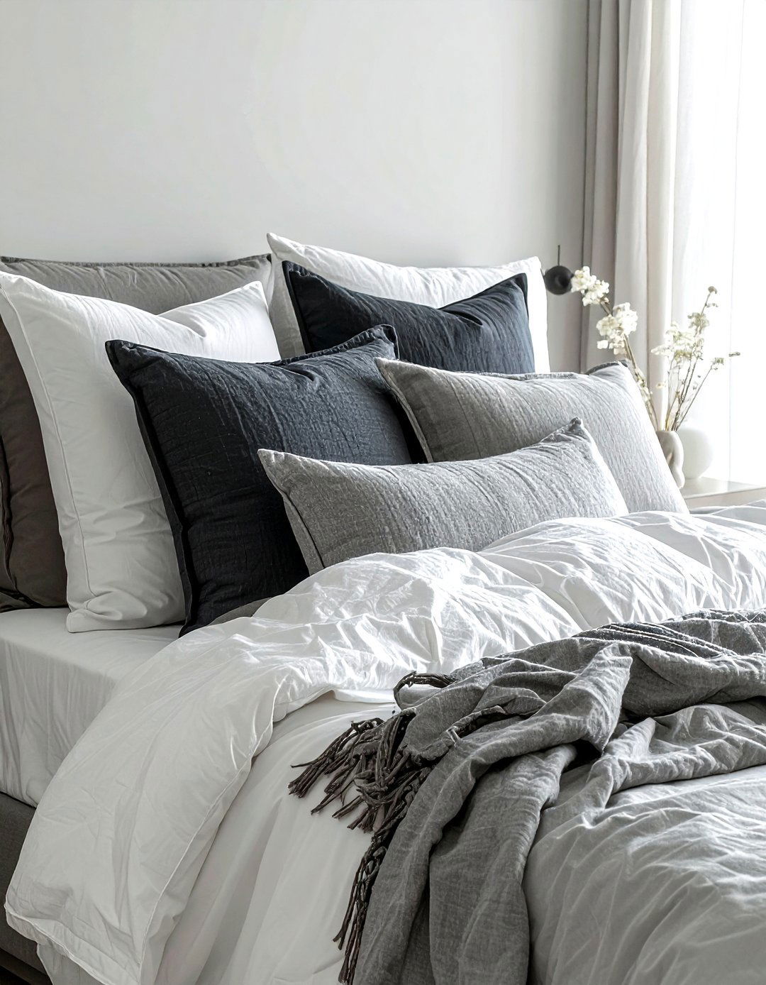 Layered decorative bed pillows - 30 scandinavian grey bedroom ideas