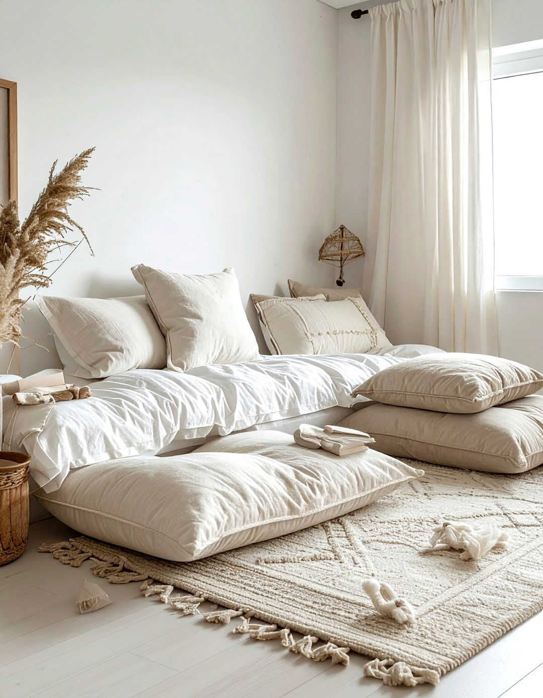 Layered floor cushions - 30 bohemian cream bedroom ideas