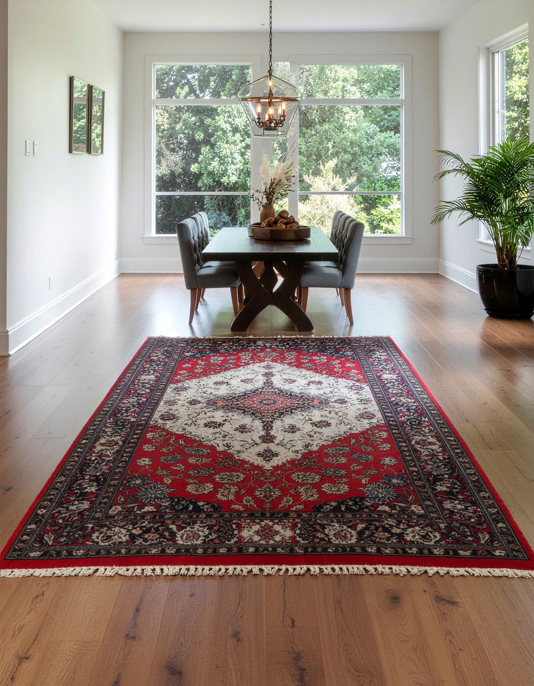 Layered jute rug with patterned carpet - 30 jute rug dining room ideas