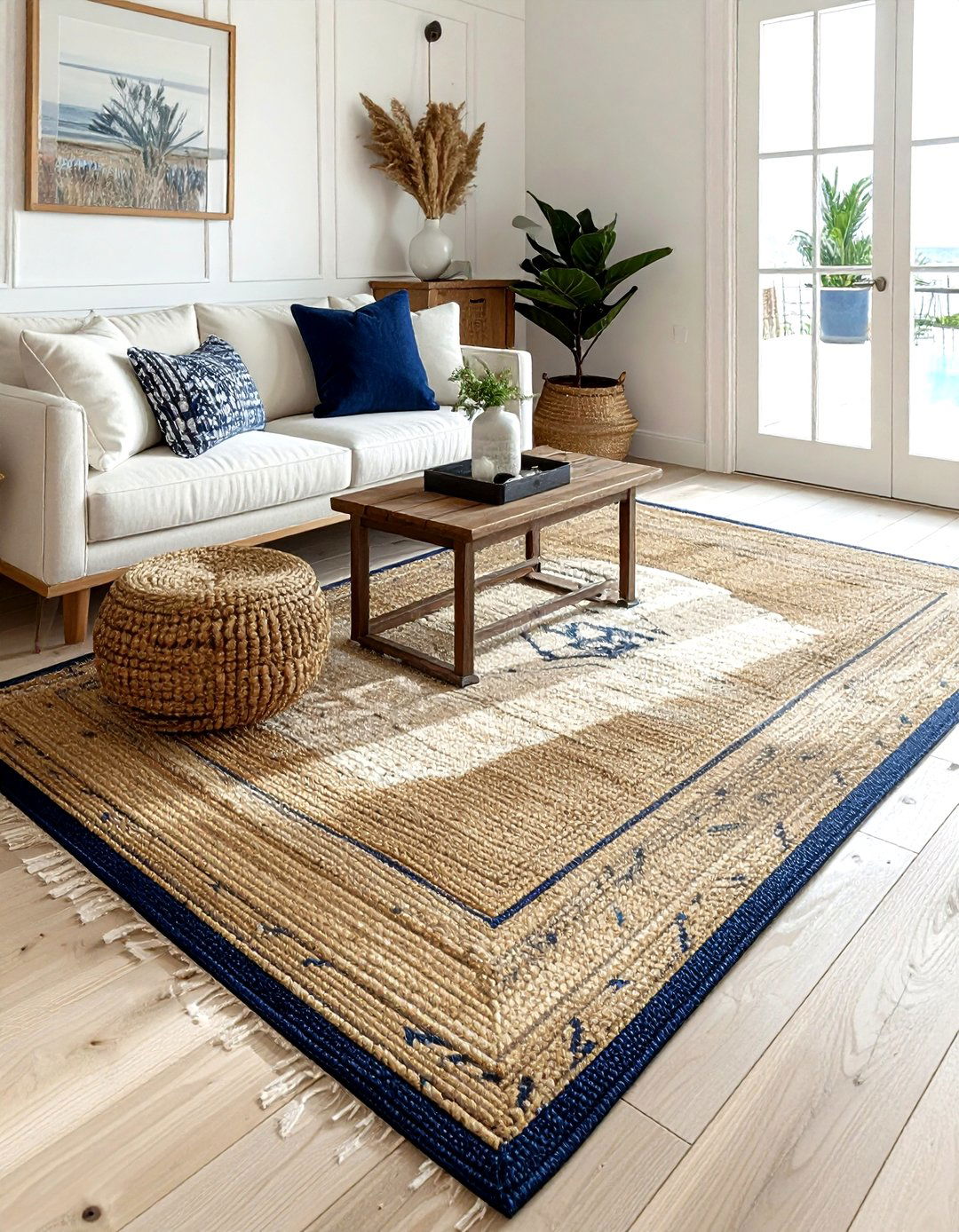 Layered jute rug - 30 coastal navy living room ideas