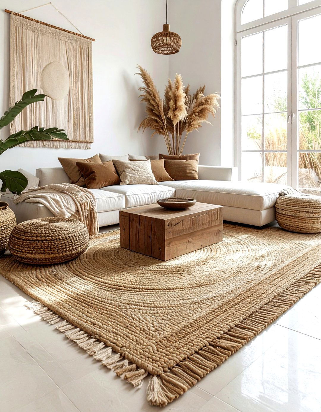 Layered rug living room - 30 bohemian beige living room ideas