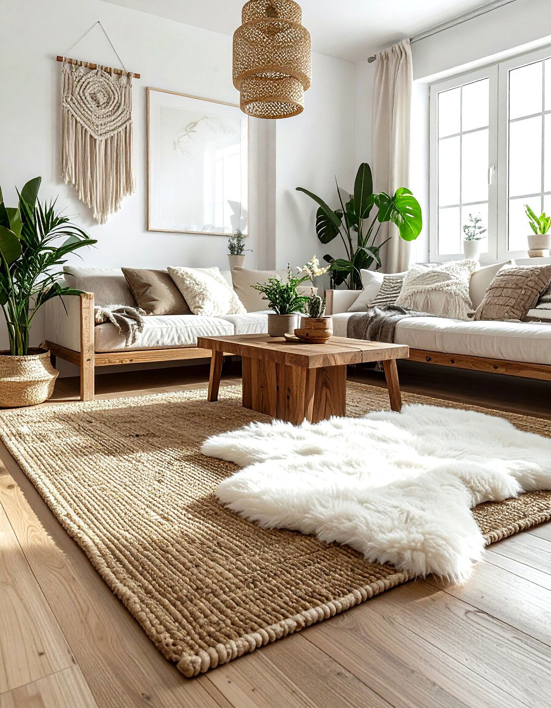 Layered rugs in boho living room - 30 sheepskin rug ideas