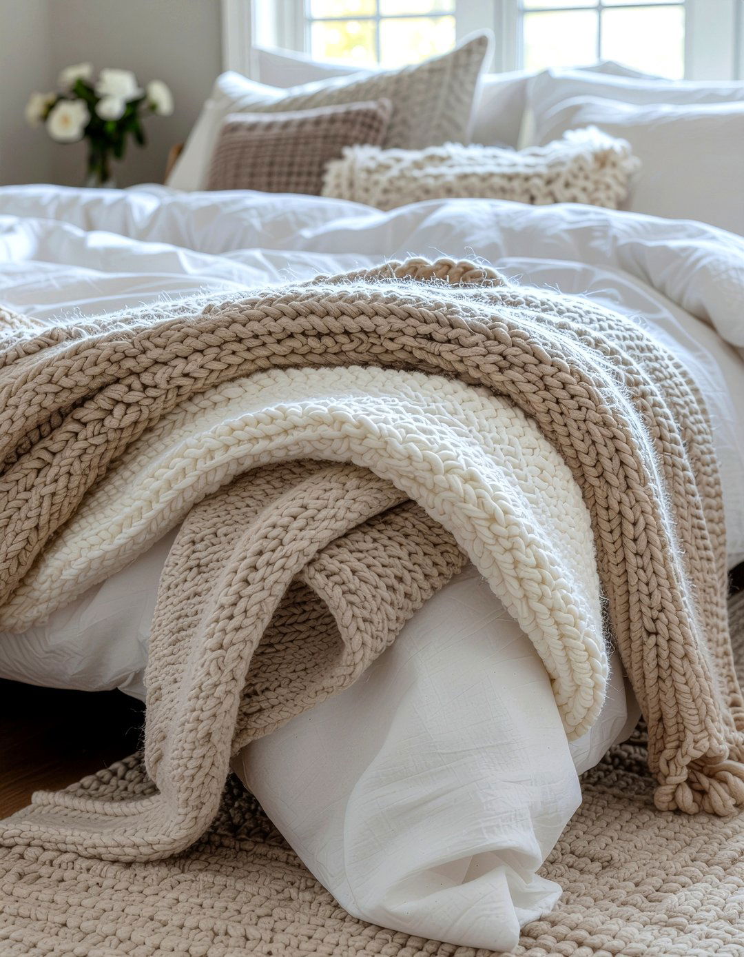 Layered throw blankets - 30 warm minimalist bedroom ideas