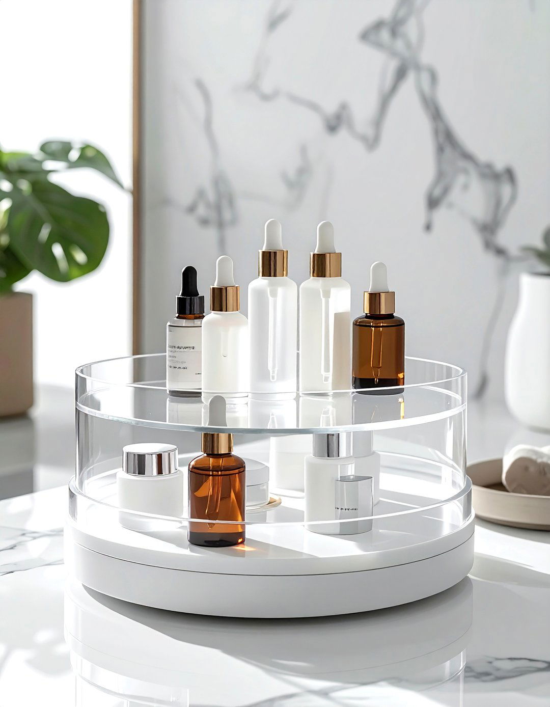 Lazy Susan for skincare - 30 bathroom organization hacks