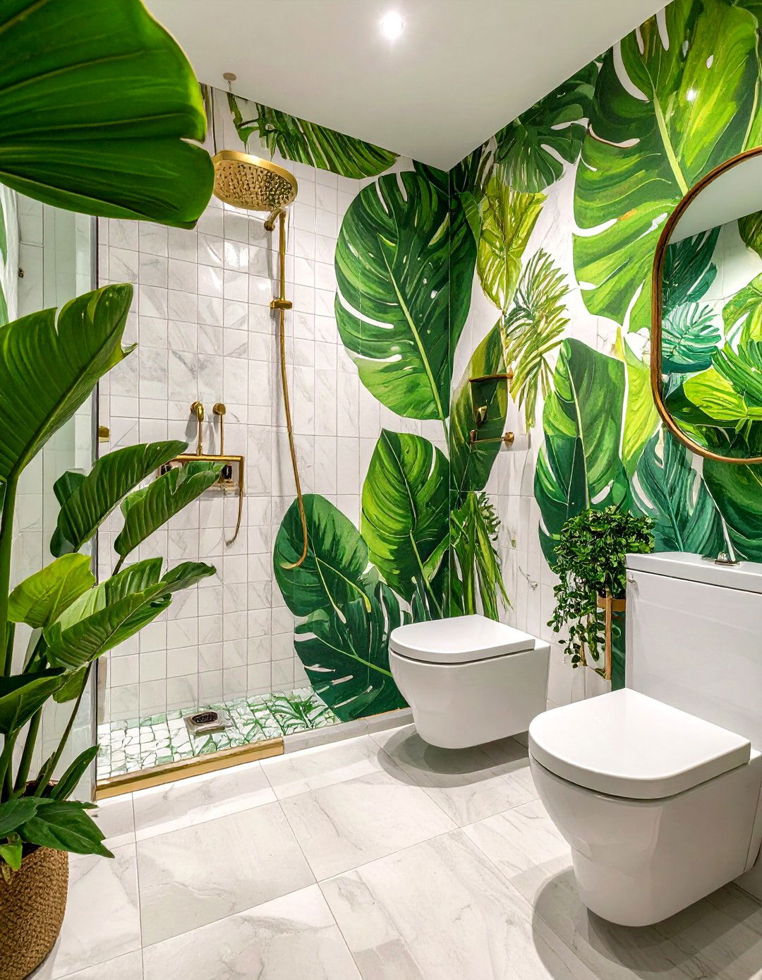 Leaf Pattern Tile Bathroom - 30 botanical bathroom ideas