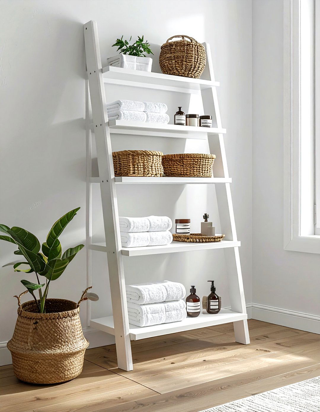 Lean to ladder shelf - 30 bathroom storage solutions