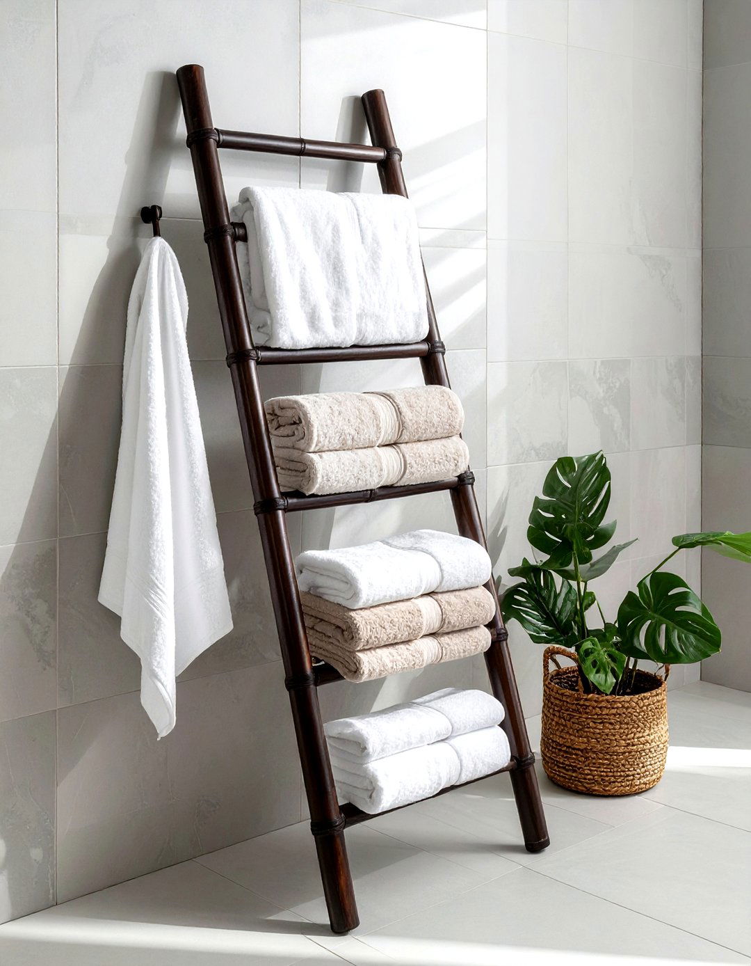 Lean to towel ladder - 30 bathroom space saving ideas
