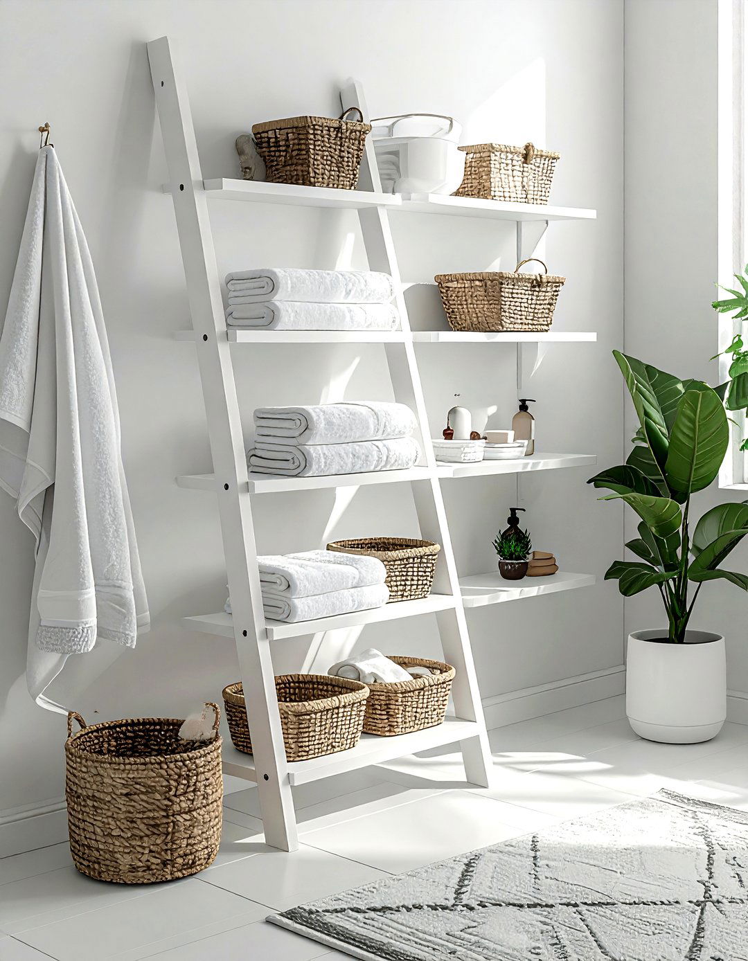 Leaning Ladder Shelf - 30 bathroom storage tips