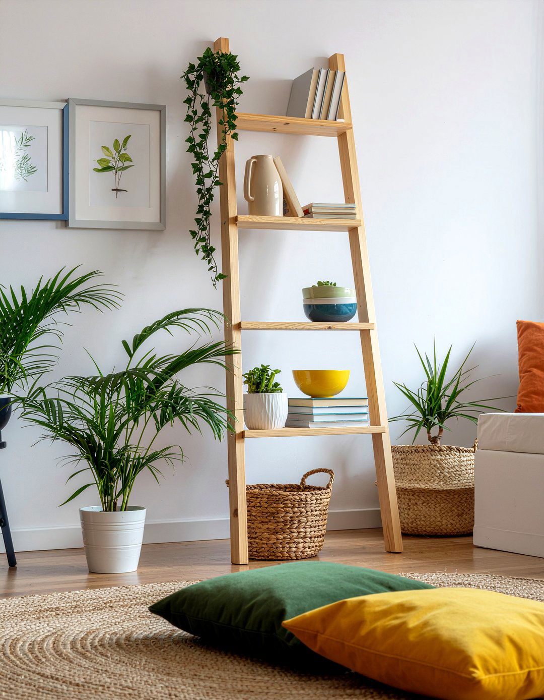 Leaning ladder style bookshelf - 30 living room bookshelf ideas