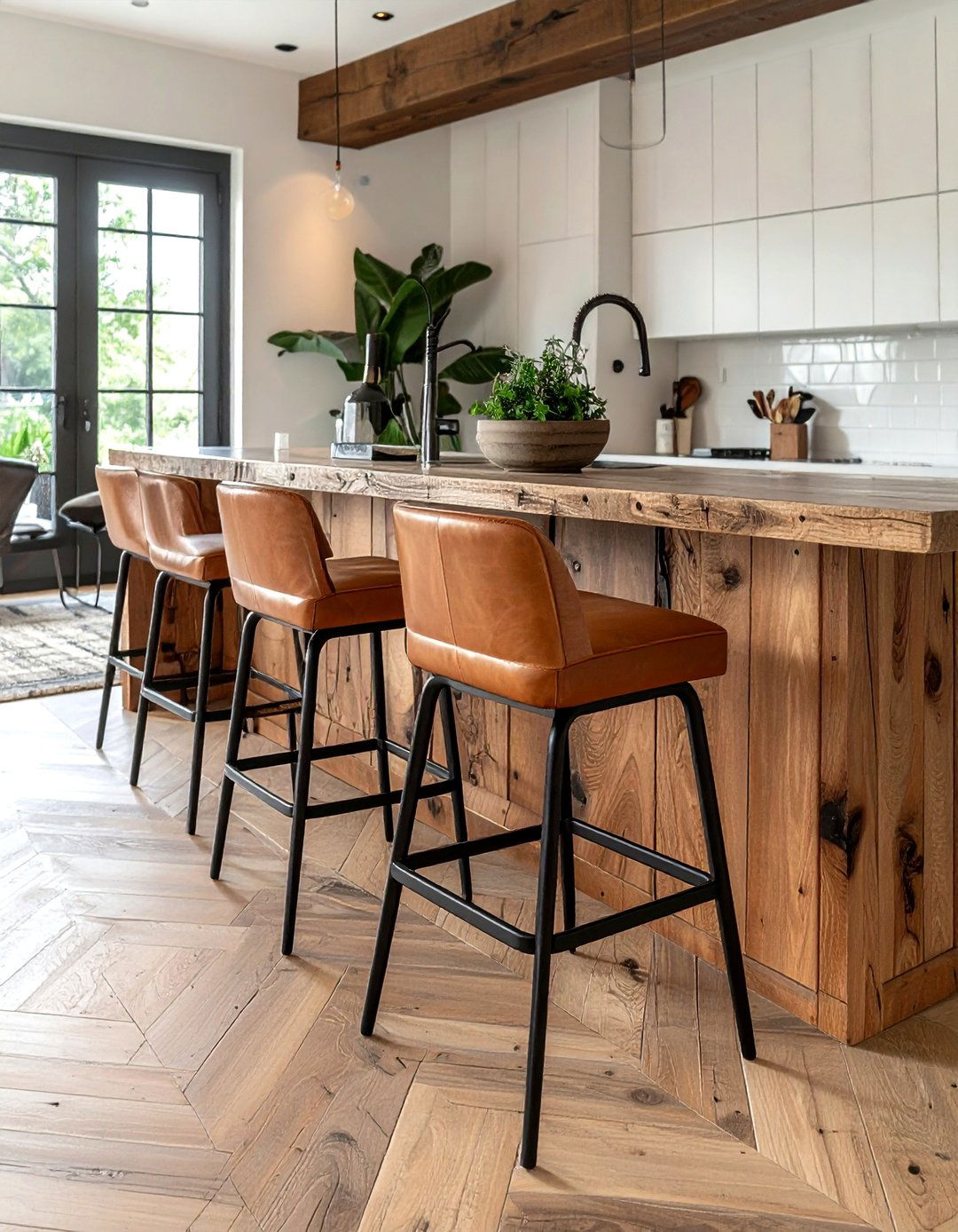 Leather Bar Stools - 30 rustic modern kitchen ideas