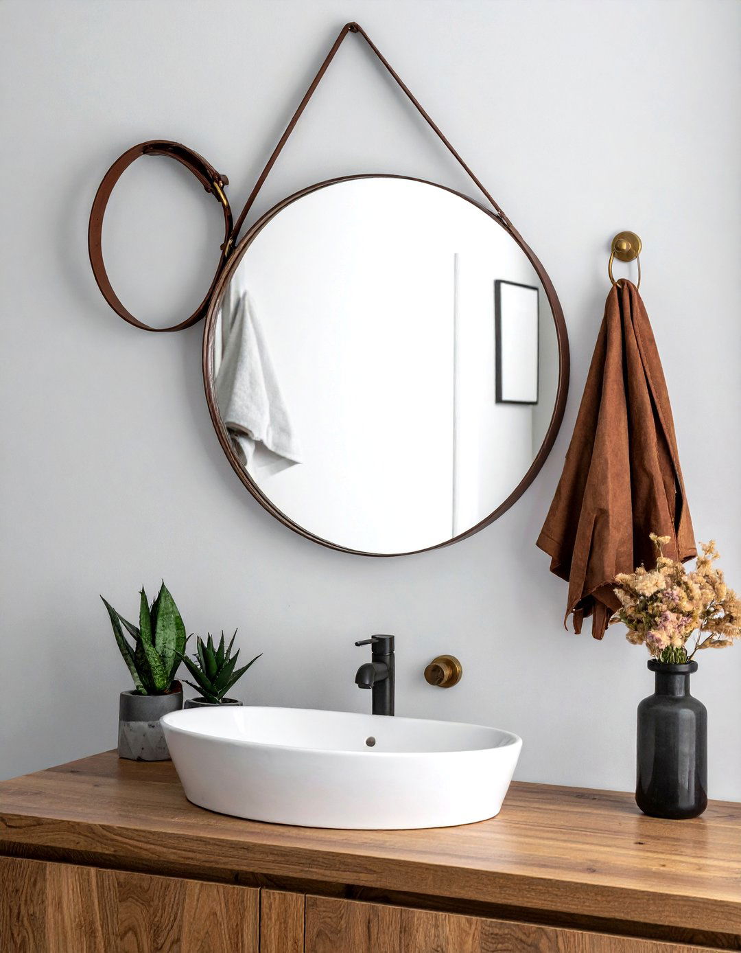 Leather Belt Hanging Mirror - 30 bathroom upcycled ideas