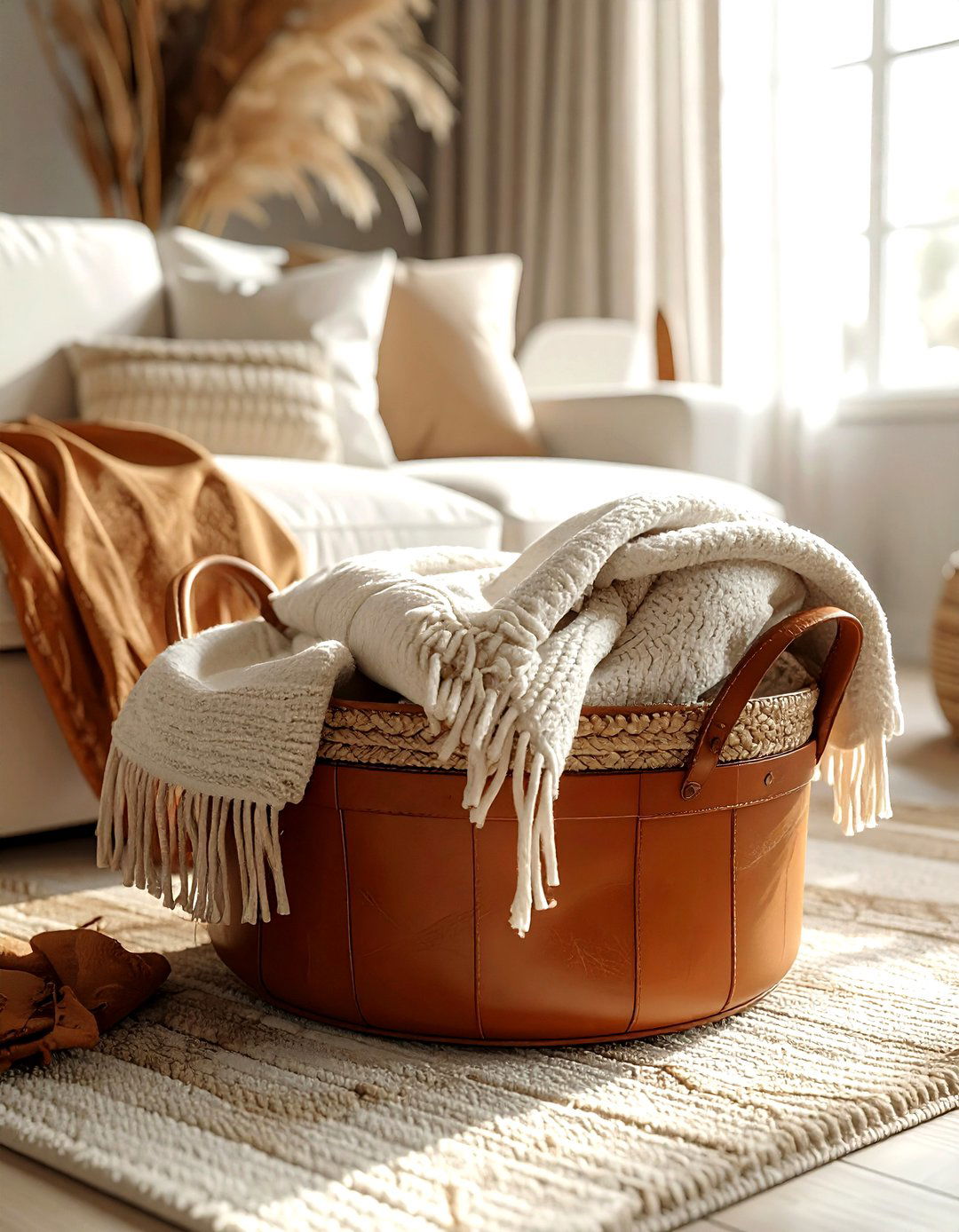Leather Handle Basket - 30 living room storage basket ideas
