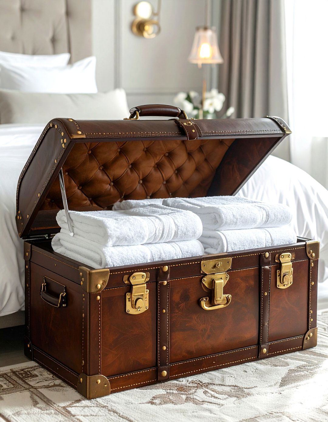 Leather Handled Trunk - 30 bathroom under bed storage ideas
