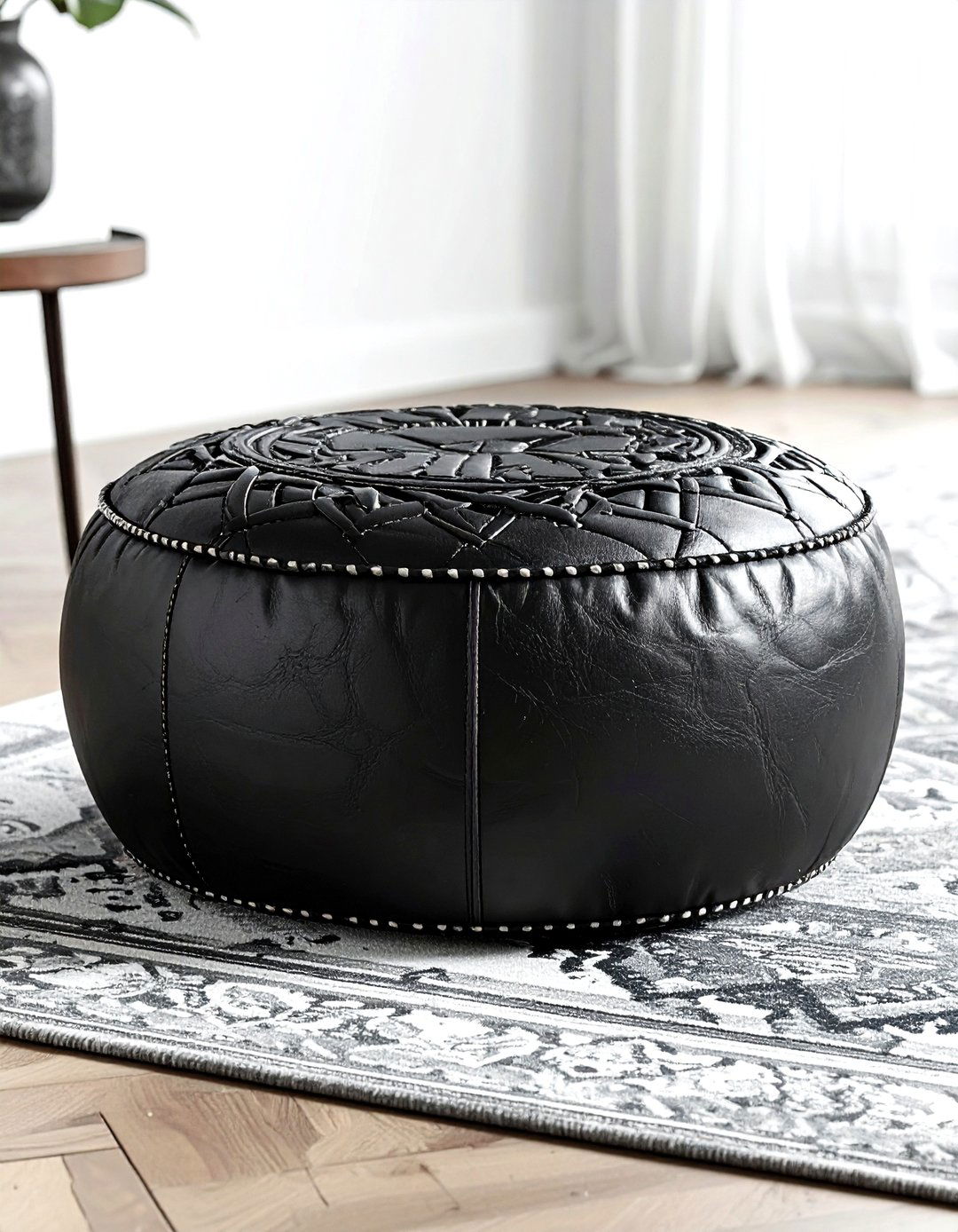 Leather Moroccan Pouf - 30 bohemian black living room ideas