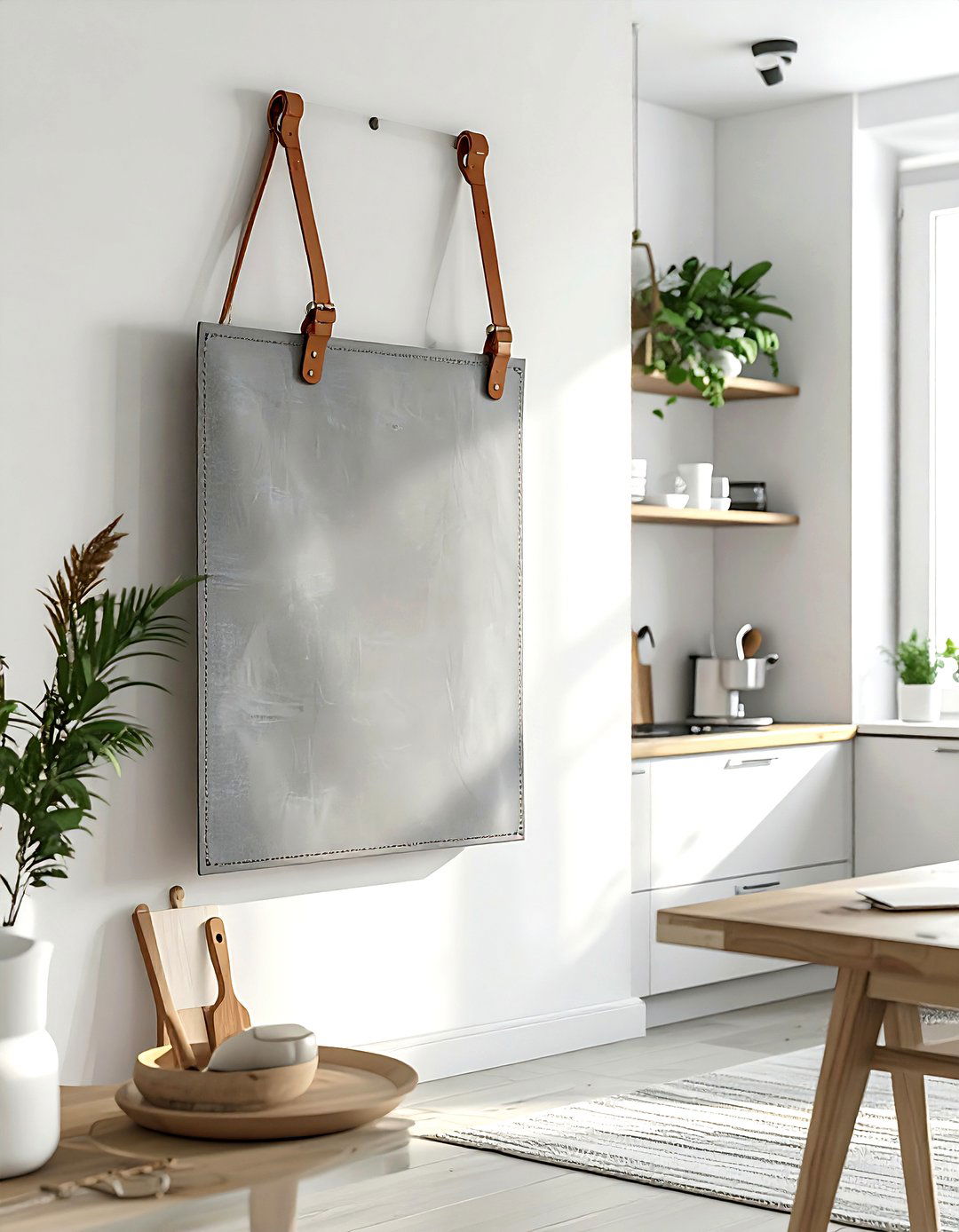 Leather Strap Hanging Board - 30 kitchen bulletin board ideas