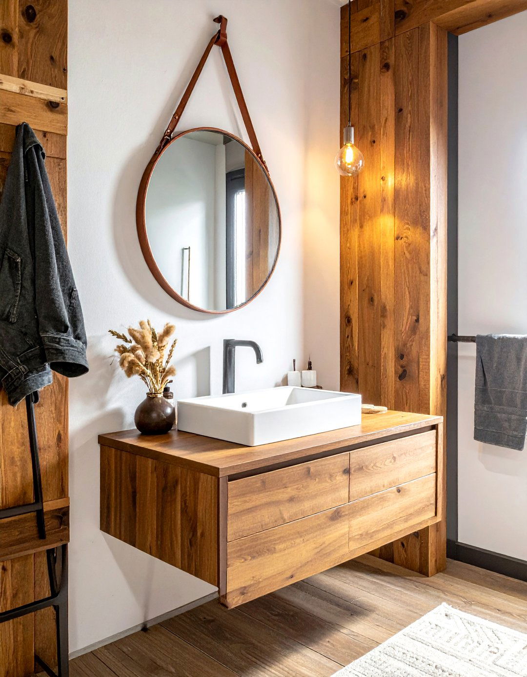 Leather Strap Mirror - 30 cabin bathroom ideas