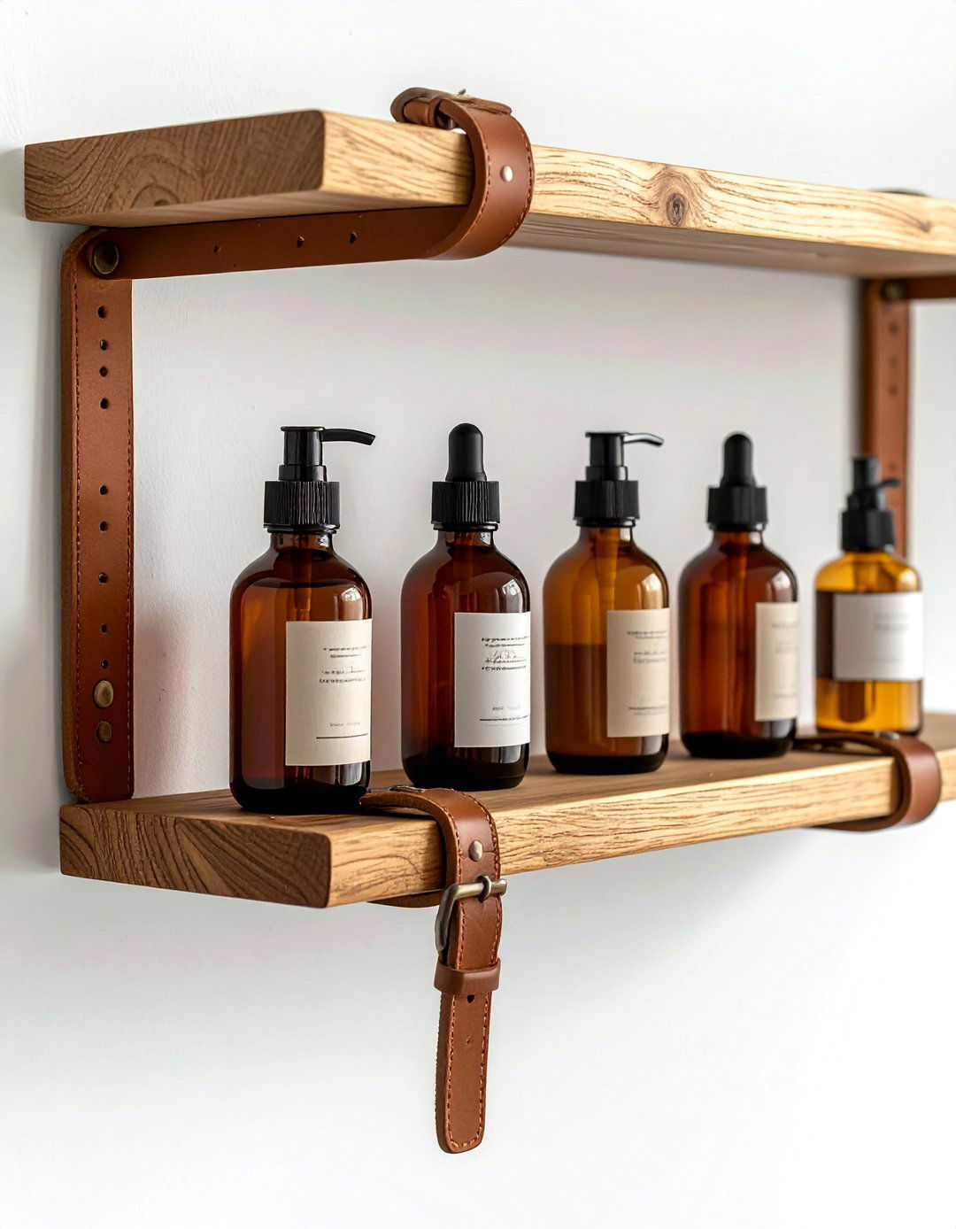 Leather Strap Shelf - 30 bathroom hanging storage ideas