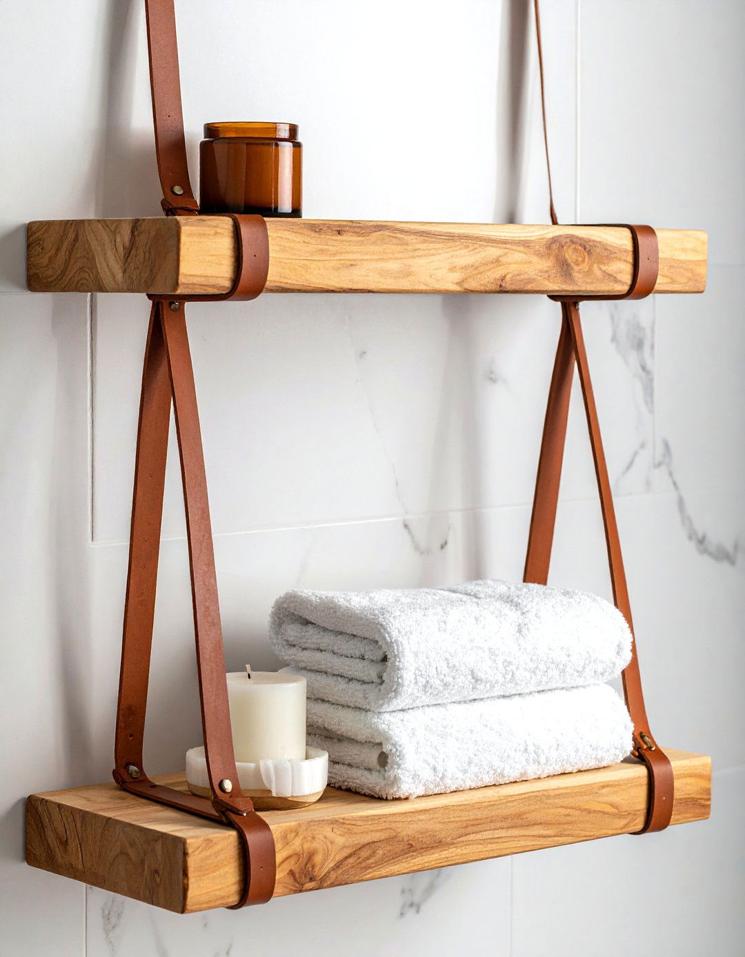 Leather Strap Shelf - 30 bathroom unconventional storage ideas