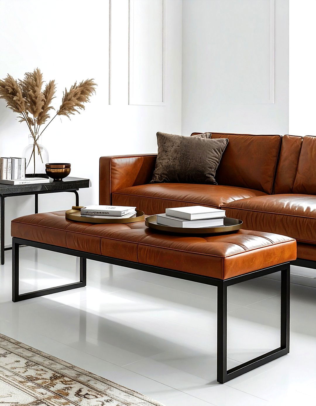 Leather bench behind sofa - 30 living room bench seat ideas