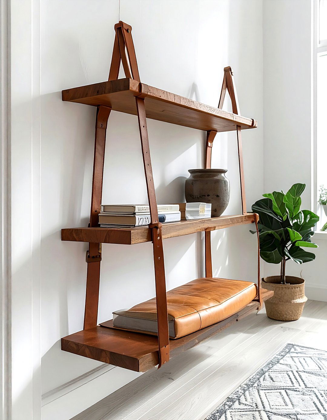 Leather hanging shelf - 30 leather decor ideas