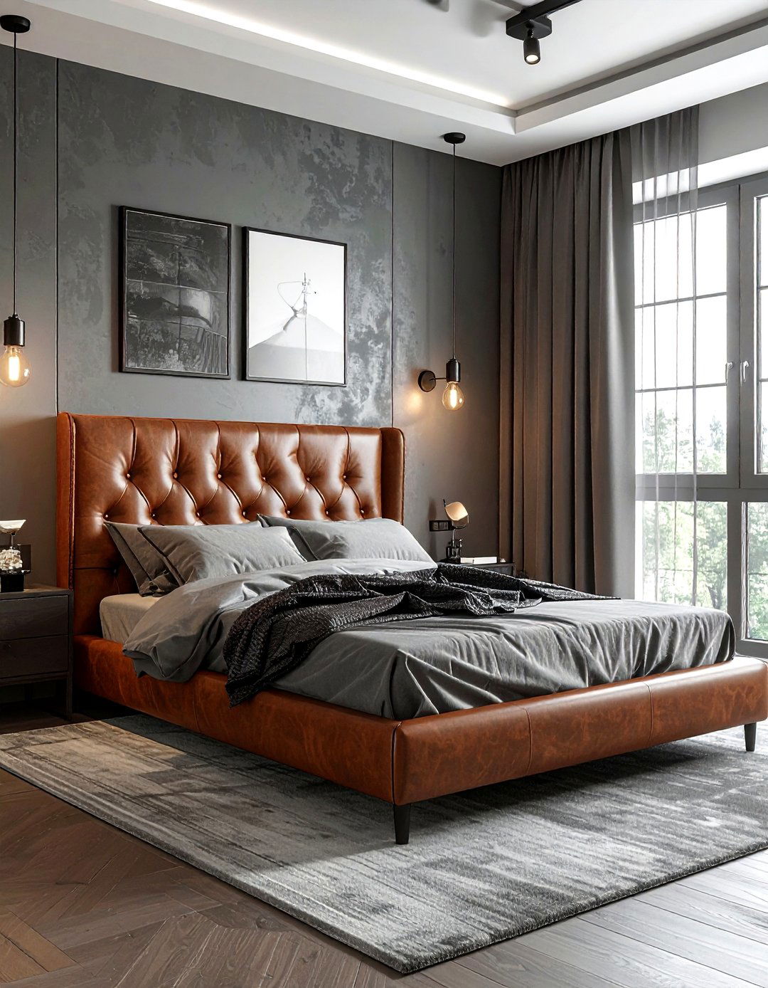 Leather headboard bedroom - 30 industrial grey bedroom ideas