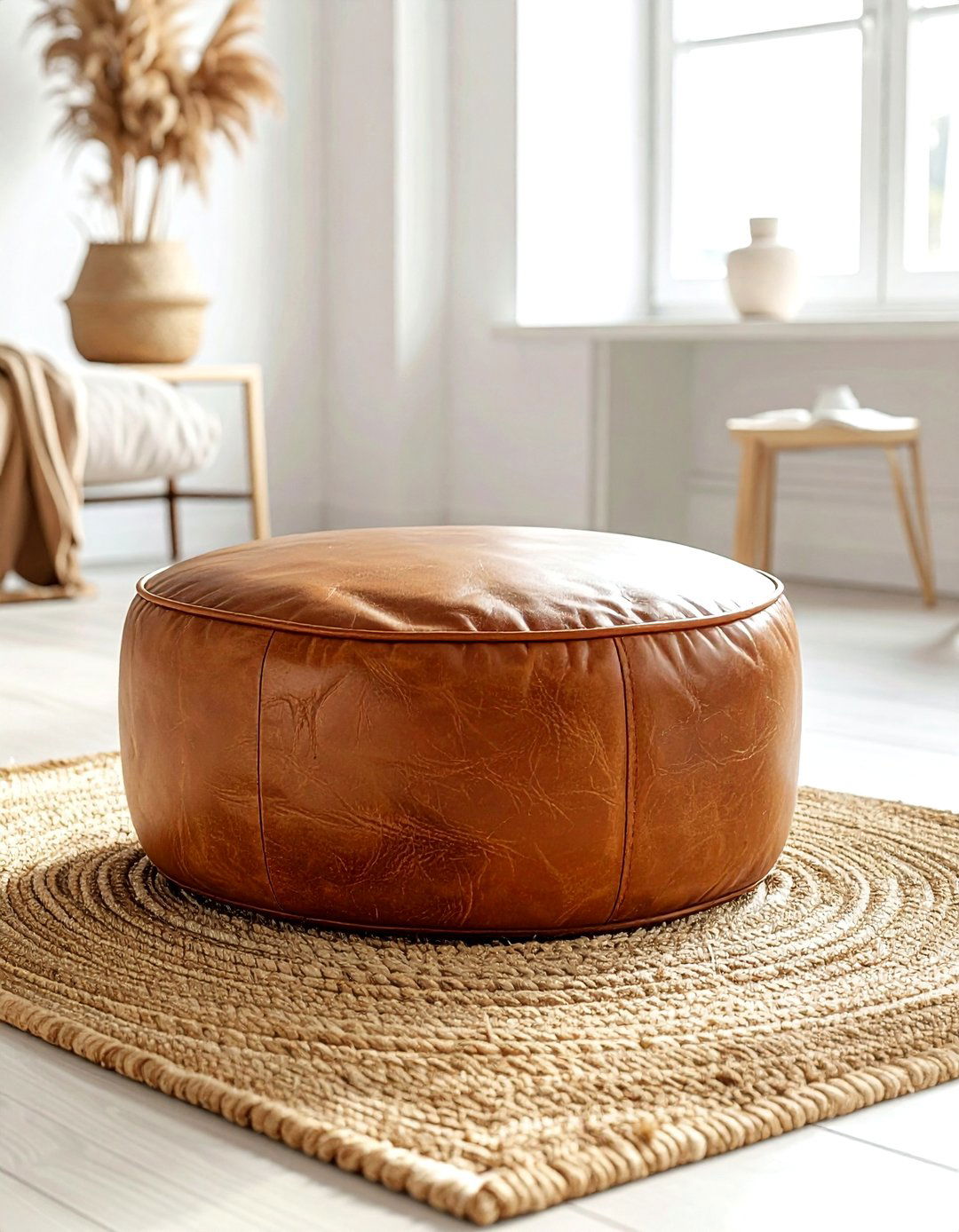 Leather ottoman living room - 30 bohemian beige living room ideas