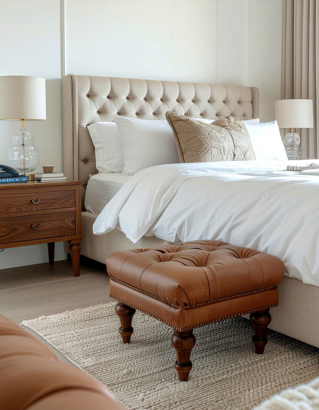 Leather ottoman stool - 30 bedroom texture layering ideas