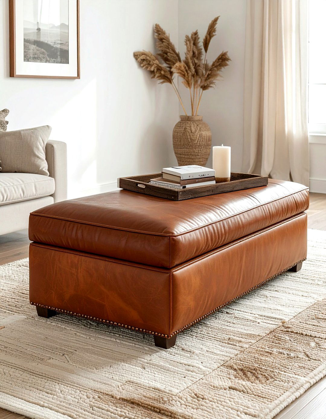 Leather ottoman - 30 leather decor ideas