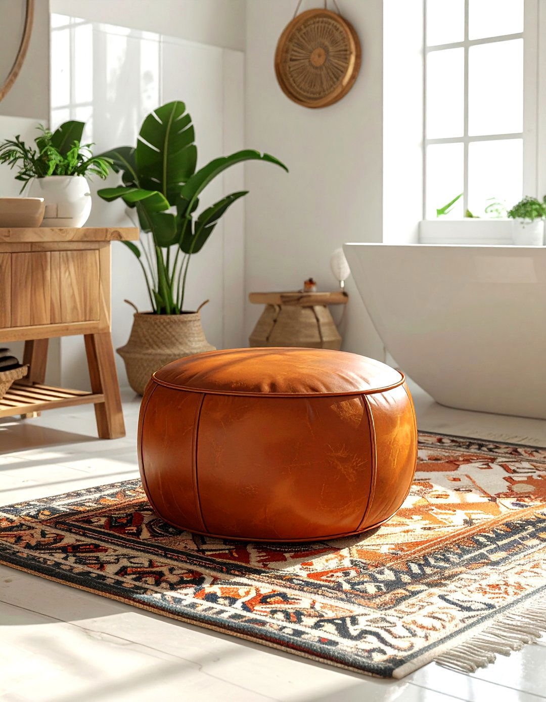 Leather pouf in bathroom - 30 bathroom seating arrangements ideas