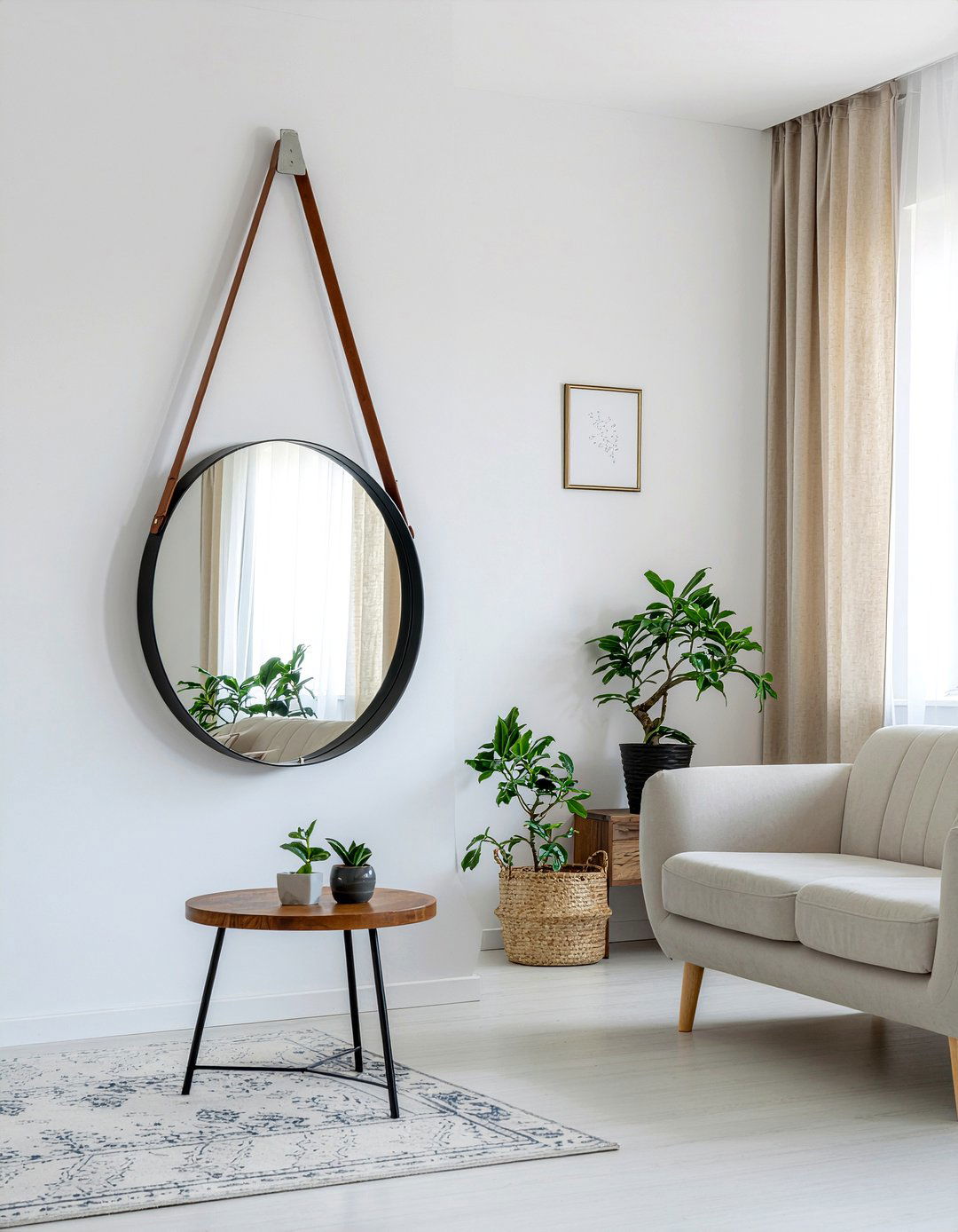 Leather strap hanging mirror - 30 living room mirrors